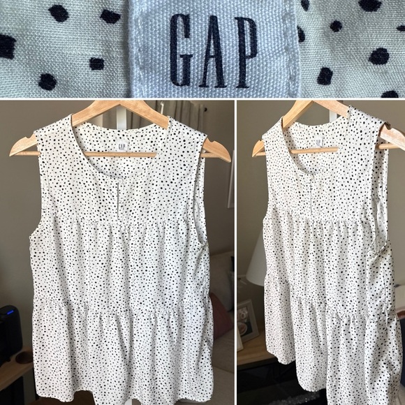 Gap Women’s Tiered Peplum Hem Sleeveless Top White Black Dots Button Keyhole M - Picture 1 of 7